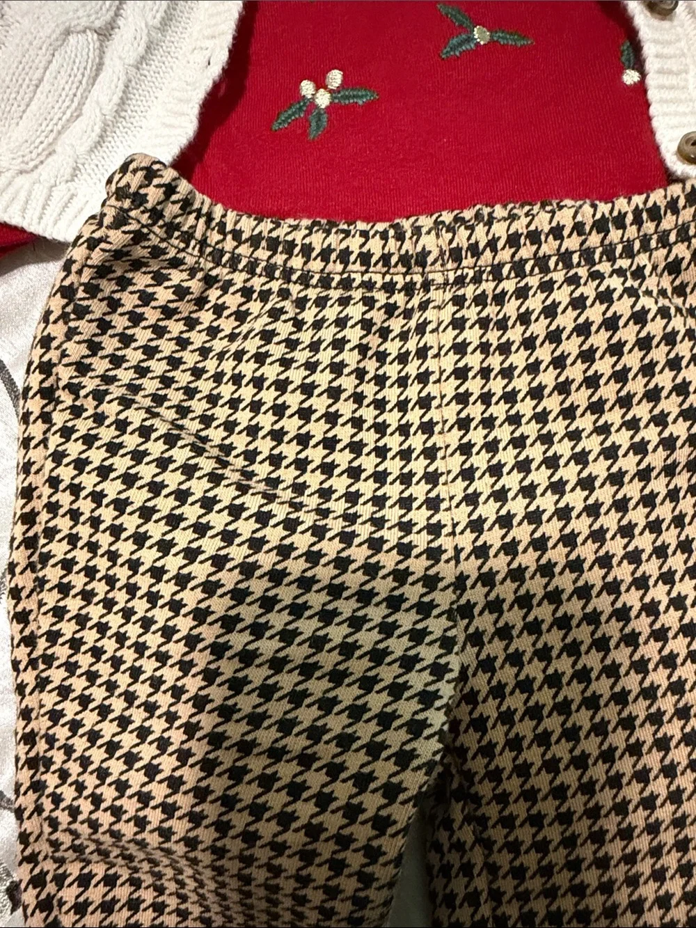 Carter's Red Holly Embroidered Top with Cream Cardigan and Tan/Black Leggings